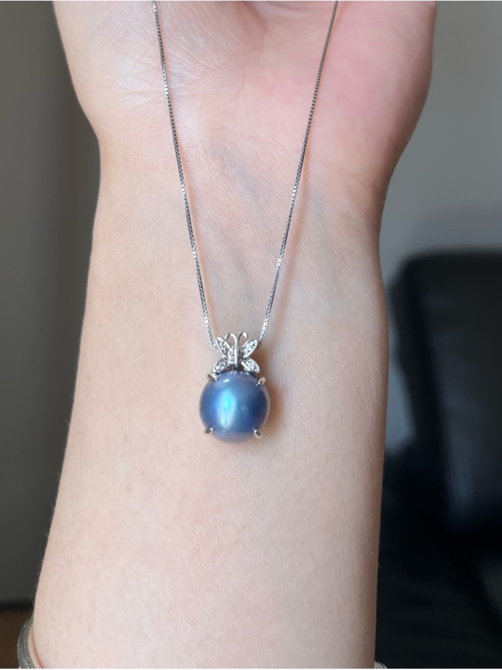 Sterling Silver Butterfly Blue Mabe Pearl Pendant Necklace